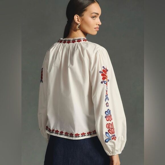 Farm Rio X Ant White Floral Embroidery Peasant Boho Blouse XS - Picture 5 of 14